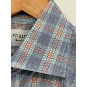 Ledbury Flannel Shirt Button Down Men Medium 15.5 Blue Orange Plaid Tailored Fit